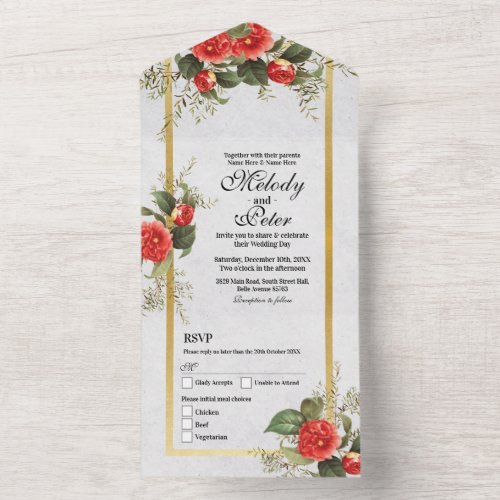 Red Floral Gold Wedding Invite  RSVP Christmas