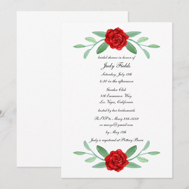 Red Floral Greenery Foliage Bridal Shower Invitation (Front/Back)