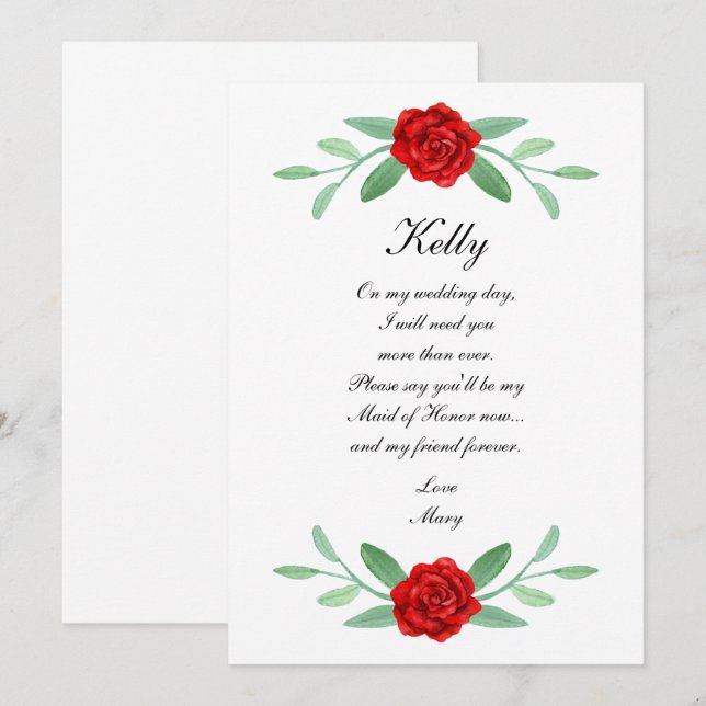 Red Floral Greenery Foliage Maid Of Honor Card (Front/Back)