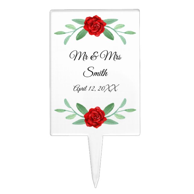 Red Floral Greenery Foliage Wedding Cake Topper (Front)