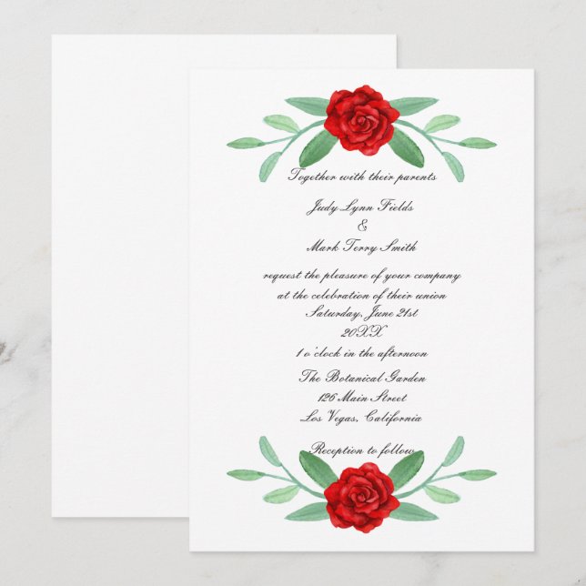 Red Floral Greenery Foliage Wedding Invitation (Front/Back)
