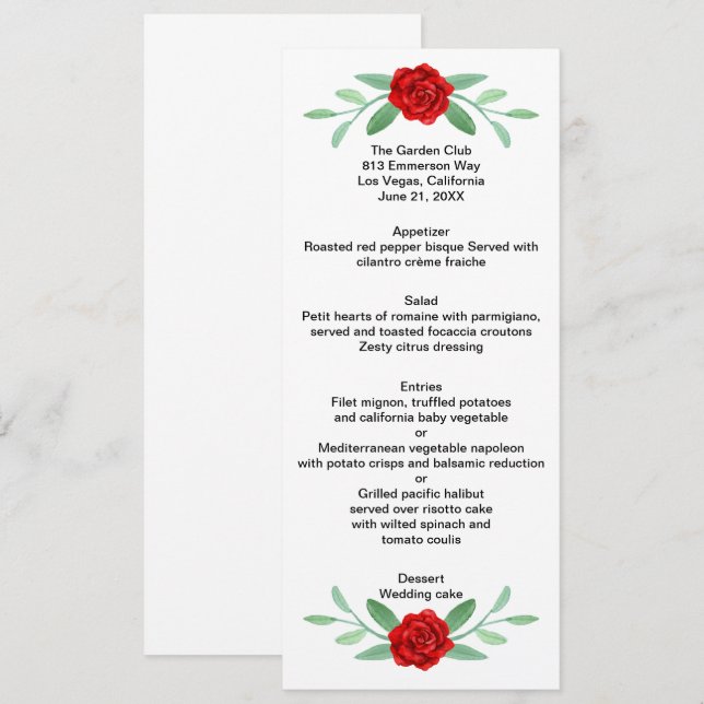 Red Floral Greenery Foliage Wedding Menu Card (Front/Back)