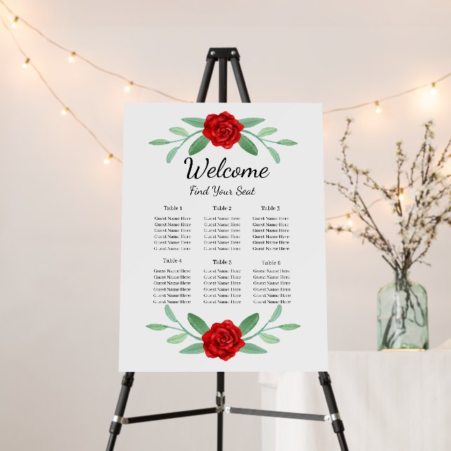 Red Floral Greenery Foliage Wedding Seating Chart Foam Board (In Situ (Stand))
