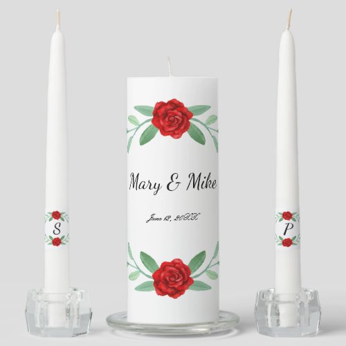 Red Floral Greenery Foliage Wedding Unity Candle Set