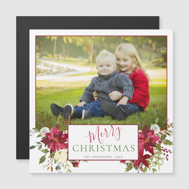 Red Floral Hand Lettered Photo Holiday Greeting (Front/Back)