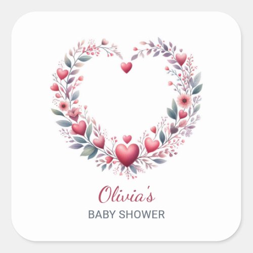Red Floral Heart Baby Shower Invitation Envelope Square Sticker