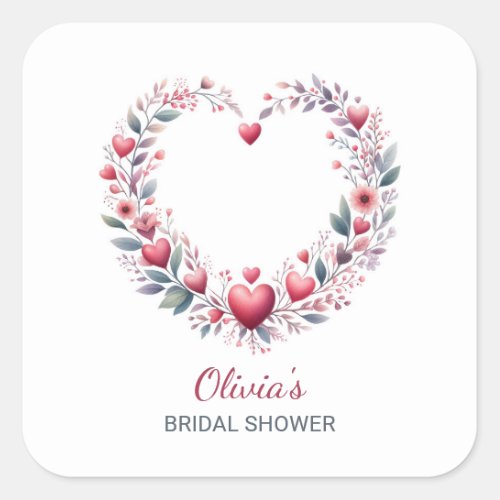 Red Floral Heart Bridal Shower Invitation Envelope Square Sticker