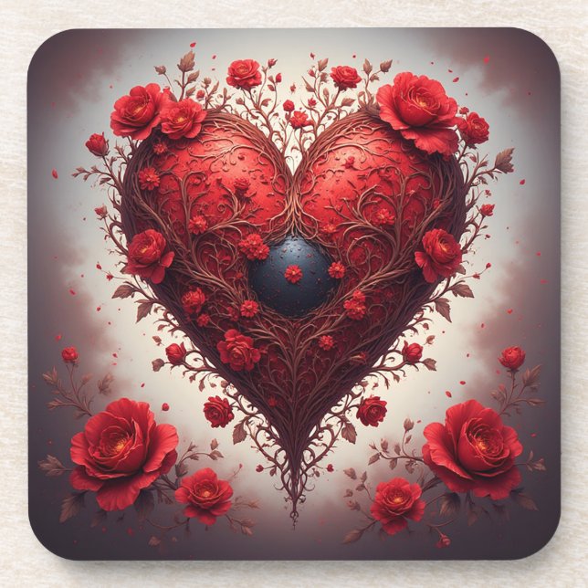 Red Floral Heart Design With Blooming Flowers Beverage Coaster (Front)