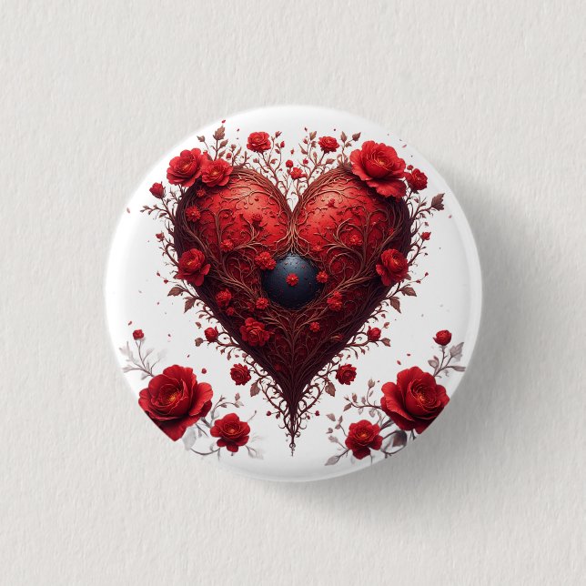 Red Floral Heart Design With Blooming Flowers Button (Front)