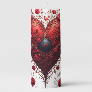 Red Floral Heart Design With Blooming Flowers Pillar Candle