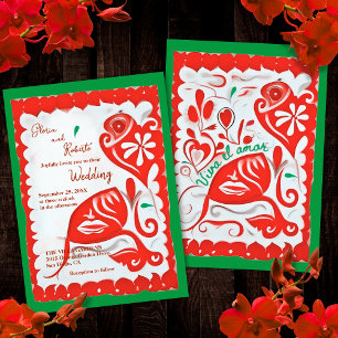 Red Floral Heart Papel Picado Mexican Wedding Invitation
