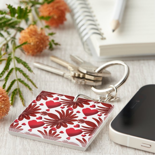 Red Floral Heart Pattern Aesthetic Romantic Flower Keychain (Front Right)
