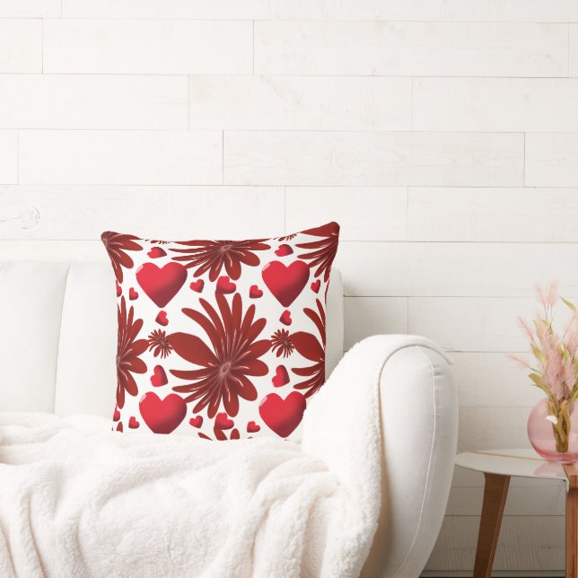 Red Floral Heart Pattern Aesthetic Romantic Flower Throw Pillow (Couch)