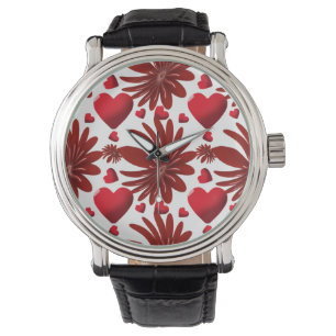 Red Floral Heart Pattern Aesthetic Romantic Flower Watch