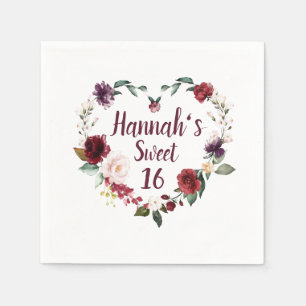 Red Floral Heart Sweet 16 Party Napkins