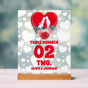 Red Floral Heart Wedding Table Number Frosted Acrylic Sign