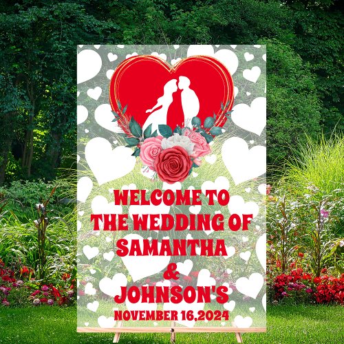 Red Floral Heart Wedding Welcome Frosted Acrylic Sign