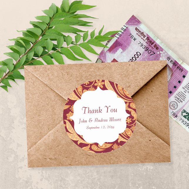 Red Floral Henna Wedding Favor Classic Round Sticker (Creator Uploaded)