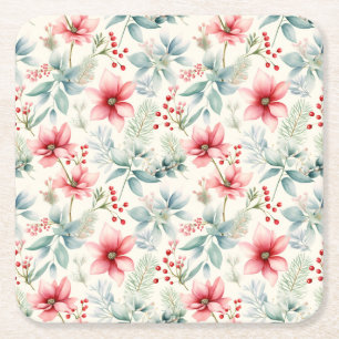 Red Floral Holiday Paper Coaster