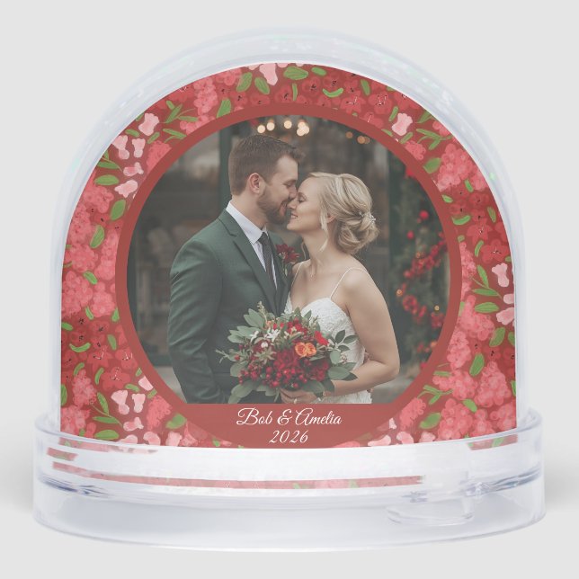 Red Floral Holiday Personalized Photo  Snow Globe (Back)