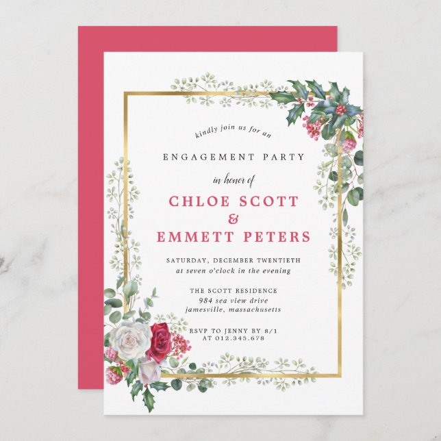 Red Floral Holly Berries Engagement Party Invitation (Front/Back)