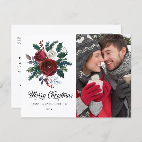 Red Floral Holly Photo Christmas Holiday  Postcard