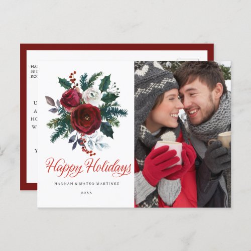 Red Floral Holly Photo Christmas Holiday Postcard
