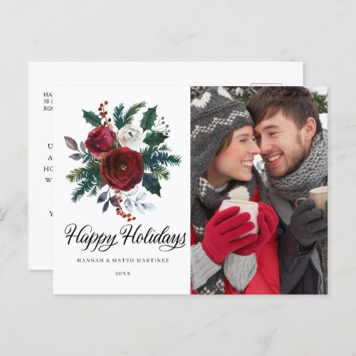 Red Floral Holly Photo Christmas Holiday Postcard