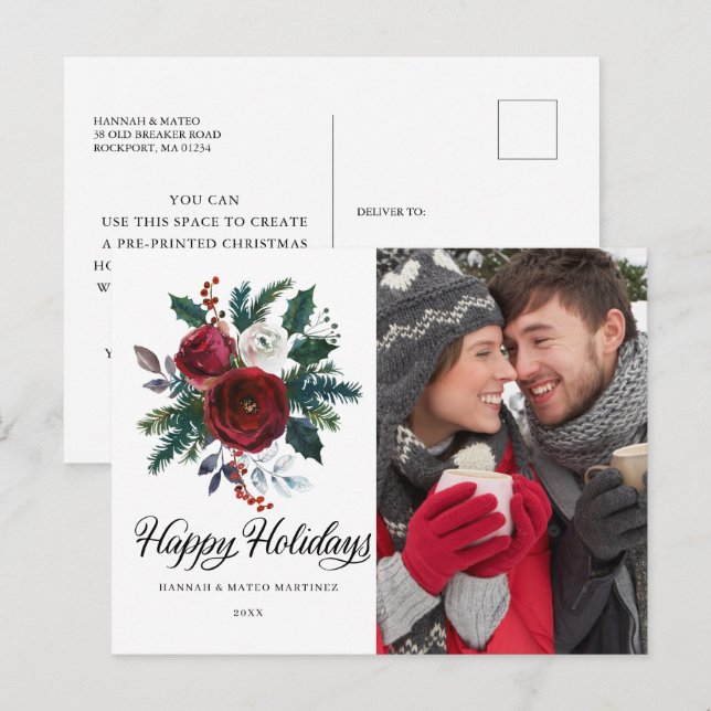 Red Floral Holly Photo Christmas Holiday Postcard (Front/Back)