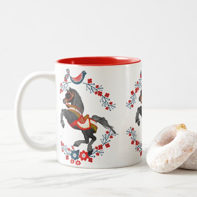 Red Floral Horse  Mug (With Donut)