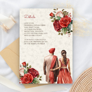 Red Floral Indian Punjabi Sikh Wedding Details Enclosure Card