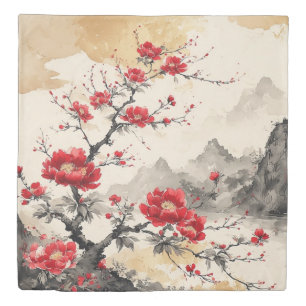 Red Floral Japanese Landscape Duvet Cover