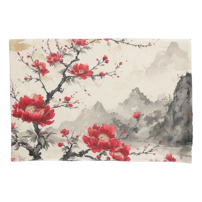 Red Floral Japanese Landscape  Pillow Case (Front-Left)