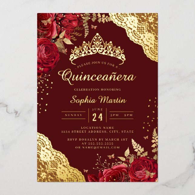 Red Floral Lace Quinceanera  Foil Invitation (Front)