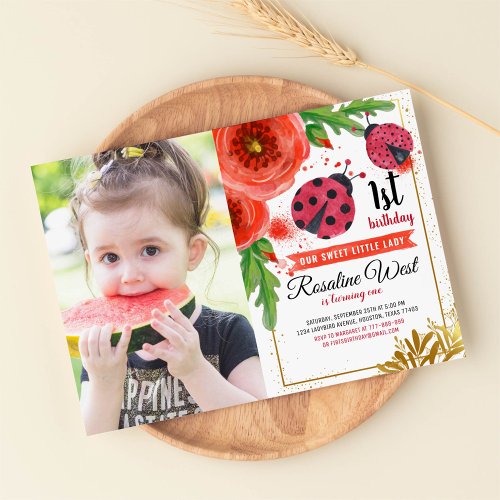 Red Floral Ladybug Watercolour 1st Birthday Photo Invitation