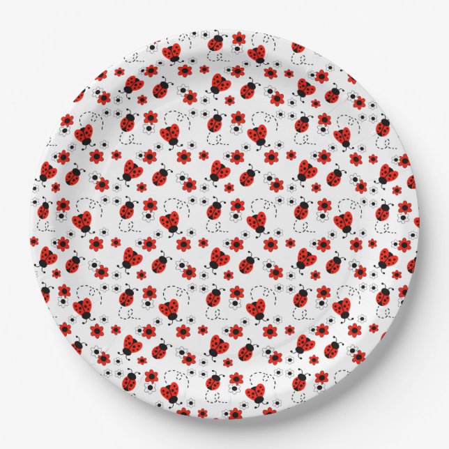 Red Floral Ladybugs Paper Plates (Front)