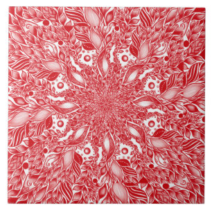 Red floral leaf design ceramic tile