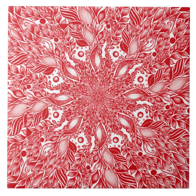 Red floral leaf design  ceramic tile (Front)