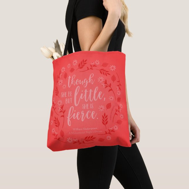Red Floral Little But Fierce William Shakespeare Tote Bag (Close Up)