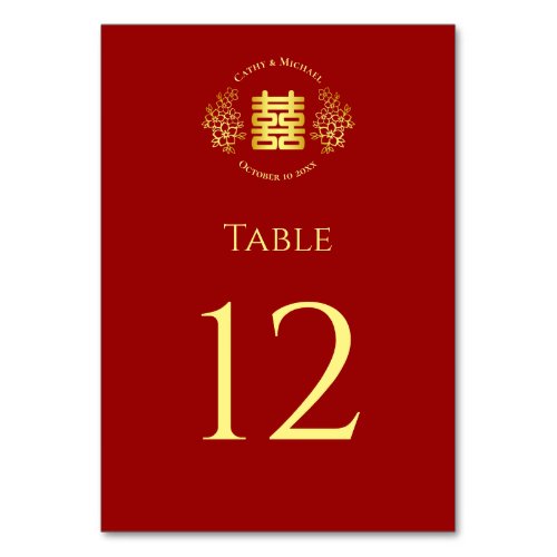 Red floral logo Chinese wedding double happiness Table Number