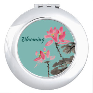 Red Floral Lotus on Green Freehand Watercolor Com Compact Mirror