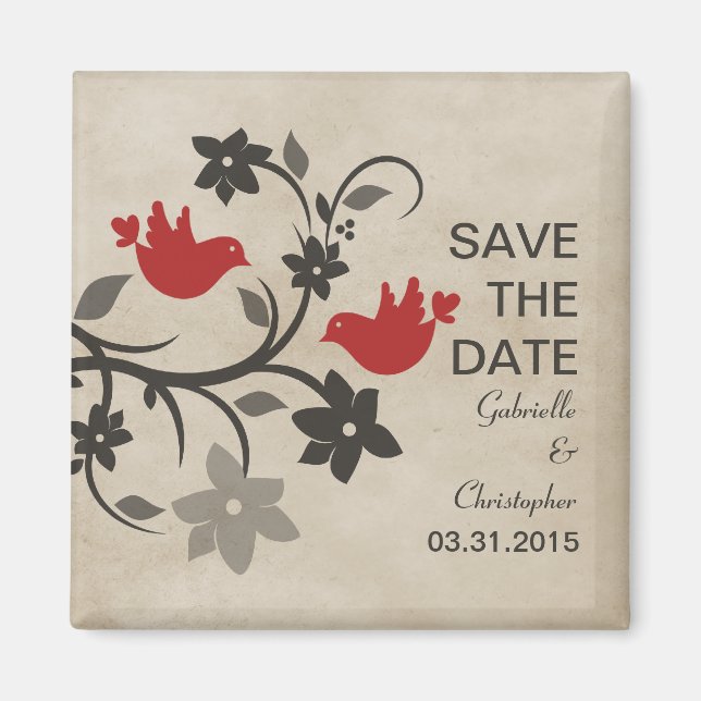 Red Floral Lovebirds Save the Date Magnet (Front)