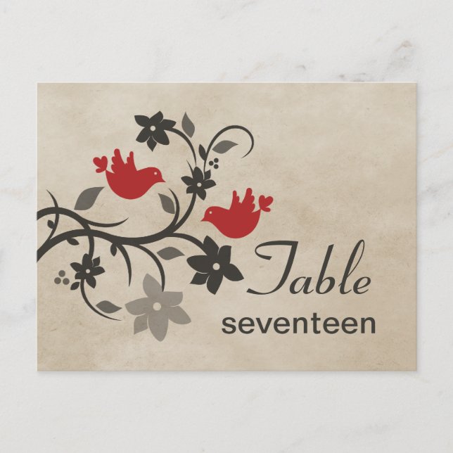 Red Floral Lovebirds Table Number Postcard (Front)