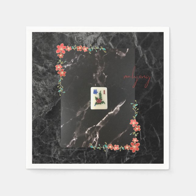 Red floral mahjong paper plate  napkins (Front)