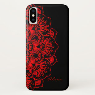 Red floral mandala on black background iPhone XS case