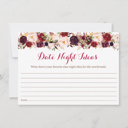 Red Floral Marsala Bridal Shower Date Night Idea Advice Card