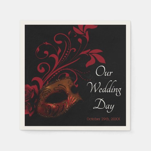 Red Floral Mask Wedding Napkins