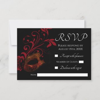 Red Floral Mask Wedding Rsvp Card by capturedbyKC at Zazzle