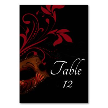Red Floral Mask Wedding Table Card by capturedbyKC at Zazzle