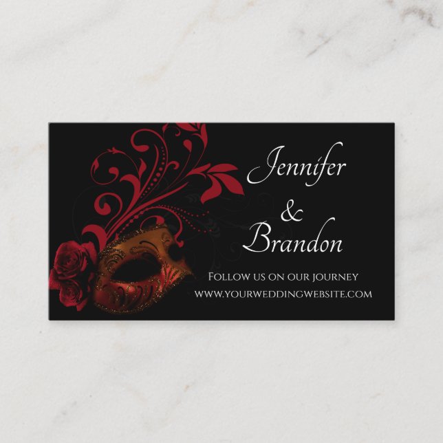 Red Floral Mask Wedding Website Enclosure Card (Front)